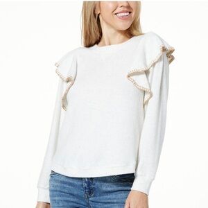 Wit & Wisdom Heather Off White Tan Long Sleeve Scoop Neck Embroidered Knit Top